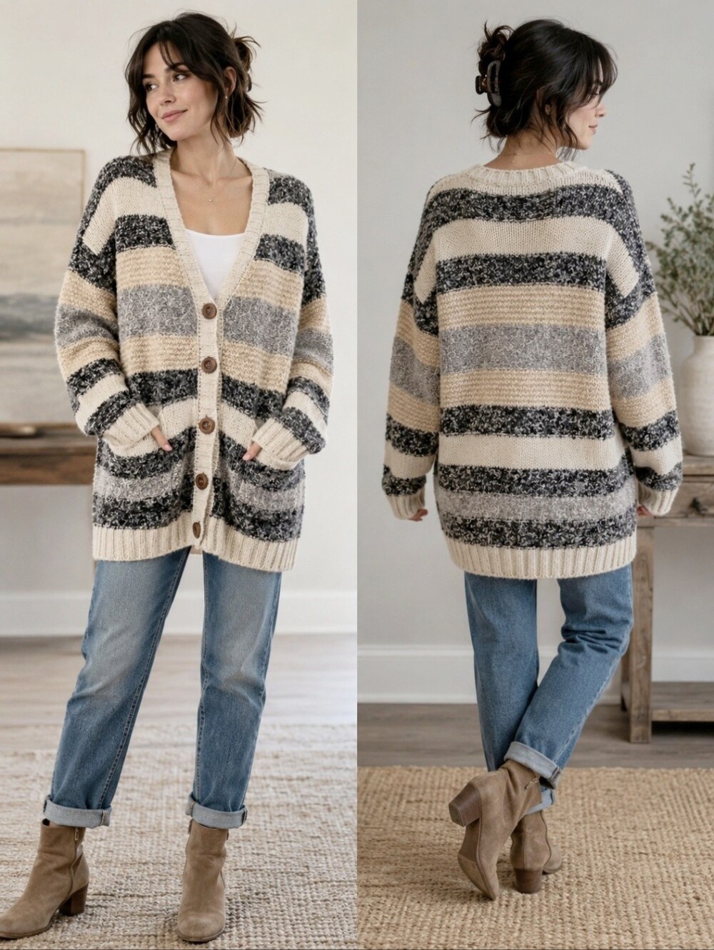 BKE Oversized Striped Chunky Knit Cardigan XS Gray Cream Boho Sweater